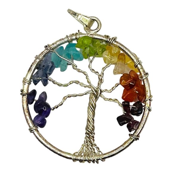 Artisan Wire-Wrapped Tree Pendant Multi Gemstone Vintage 70s Handcrafted EUC - Picture 3 of 7